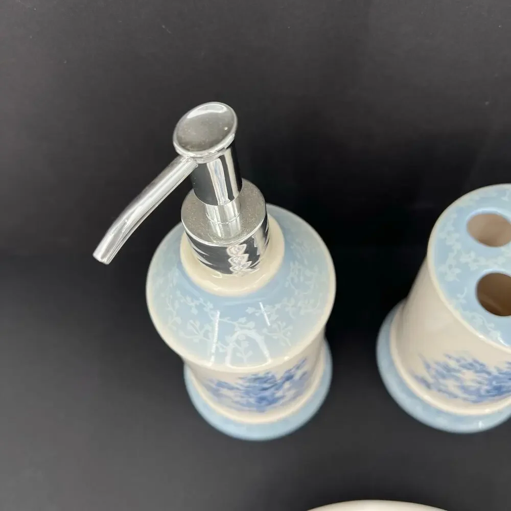 Blue and white floral botanical toothbrush holder dish soap and pump set